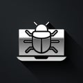 Silver System bug on monitor icon isolated on black background. Code bug concept. Bug in the system. Bug searching. Long Royalty Free Stock Photo