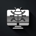 Silver System bug on monitor icon isolated on black background. Code bug concept. Bug in the system. Bug searching. Long Royalty Free Stock Photo