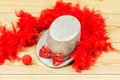 silver tall hat, red fluffy feather boa, red bow tie and red clown nose. Carnival accessory.