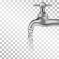 Silver tap with water on transparent background. Vector illustration. Royalty Free Stock Photo