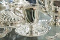 Silver tea cup with saucer Royalty Free Stock Photo