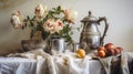 Silver Teapot With Fruits And Peonies: A Nostalgic Rural Life Depiction