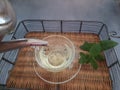 Silver teapot pouring peppermint tea (Mentha spicata) into a clear glass cup on a tray.