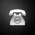 Silver Telephone 24 hours support icon isolated on black background. All-day customer support call-center. Open 24 hours
