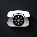 Silver Telephone icon isolated on black background. Landline phone. Long shadow style. Vector Illustration
