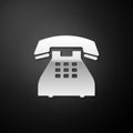 Silver Telephone icon isolated on black background. Landline phone. Long shadow style. Vector