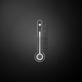 Silver Thermometer with scale measuring heat and cold, with sun and snowflake icon isolated on black background. Long Royalty Free Stock Photo
