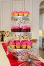 Silver Three Tier Serving Stand with Pink Chocolate and Vanilla Cupcakes Royalty Free Stock Photo