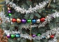 Silver tinsel garlands Christmas tree ball ornaments Royalty Free Stock Photo