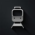 Silver Train and railway icon isolated on black background. Public transportation symbol. Subway train transport. Metro