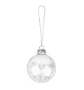 Silver transparent glass ball hanging on thread white background isolated close up, ÃÂ¡hristmas tree decoration, shiny bauble