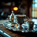 A silver tray with a cup of coffee and a teapot on it Royalty Free Stock Photo