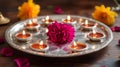 Silver Tray with Lit Candles, Flower, and Rose Petals Royalty Free Stock Photo