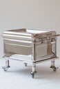 A silver tray with wheels on a white background, AI