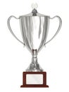 Silver trophy cup on wood pedestal