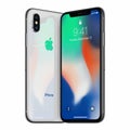 Silver turned Apple iPhone X mockup front side and back side facing each other Royalty Free Stock Photo