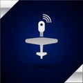 Silver UAV Drone icon isolated on dark blue background. Military Unmanned aircraft spy. Vector Illustration