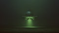 Silver UFO Hovering with Green Glowing Lights in a Green Foggy Environment