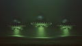 3 Silver UFO Hovering with Green Glowing Lights in a Green Foggy Environment