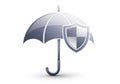 Silver umbrella and shield symbol representing protection and security isolated on white background Royalty Free Stock Photo