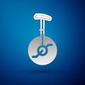 Silver Unicycle or one wheel bicycle icon isolated on blue background. Monowheel bicycle. Vector