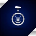 Silver Unicycle or one wheel bicycle icon isolated on dark blue background. Monowheel bicycle. Vector Illustration