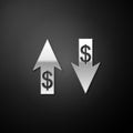 Silver Up and Down arrows with dollar symbol icon isolated on black background. Business concept. Long shadow style Royalty Free Stock Photo