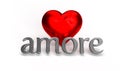 Silver valentine word love, amore in italy on red hearts