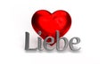 Silver valentine word love, liebe in German on red hearts