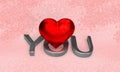 Silver valentine word love you with red hearts on glitter background