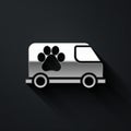 Silver Veterinary ambulance icon isolated on black background. Veterinary clinic symbol. Long shadow style. Vector Royalty Free Stock Photo