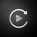 Silver Video play button like simple replay icon isolated on black background. Long shadow style. Vector