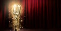 Silver vintage microphone on blurry red velvet stage curtains