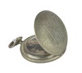 Silver vintage pocket watch with moose engraving on the lid. Isolated