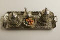 Silver,vintage Traditional Turkish coffee set and candies Royalty Free Stock Photo