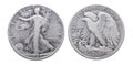 Silver walking liberty 1945 half dollar isolated on white background Royalty Free Stock Photo