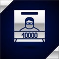 Silver Wanted poster icon isolated on dark blue background. Reward money. Dead or alive crime outlaw. Vector Royalty Free Stock Photo