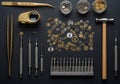 And silver watch gears, small screws, and three cylindrical containers Royalty Free Stock Photo