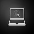 Silver Website on laptop screen icon isolated on black background. Laptop with globe and cursor. World wide web symbol