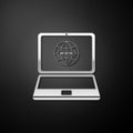 Silver Website on laptop screen icon isolated on black background. Globe on screen of laptop symbol. World wide web