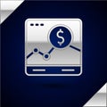 Silver Website with stocks market growth graphs and money icon isolated on dark blue background. Monitor with stock