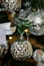 Silver and white Christmas tree decorations Royalty Free Stock Photo