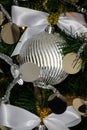 Silver and white Christmas tree decorations Royalty Free Stock Photo