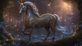 silver white horse in the forest, unicorn at sunset surrounded by fireflies, ai created