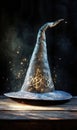 A silver and white wizard hat, shimmering runes on the brim Royalty Free Stock Photo