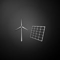 Silver Wind mill turbines generating electricity and solar panel icon isolated on black background. Energy alternative Royalty Free Stock Photo