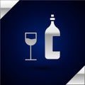 Silver Wine bottle with wine glass icon isolated on dark blue background. Happy Easter. Vector Illustration