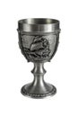 Silver wine glass or goblet with nautical bas-relief isolated on white background. Photo with a shallow depth of field. Royalty Free Stock Photo