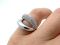 Silver women`s design ring with diamonds Royalty Free Stock Photo