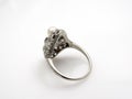 Silver women`s vintage design finger ring with diamonds and pearls